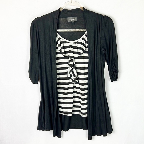 IZ BYER |🐼Black White Striped Faux Layered Mixed Media 1/2 Sleeves Loose Blouse - Picture 2 of 11